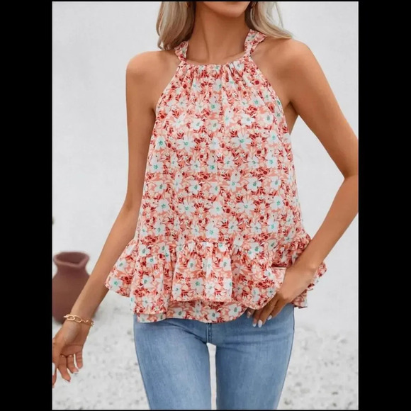 SHEIN Privé Allover Floral Print Tie Back Ruffle Hem Blouse Size Small - Picture 2 of 15